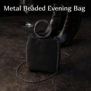 Black Beaded Hoop Handle Mini Bag | Gunmetal Chain Crossbody | Statement Evening